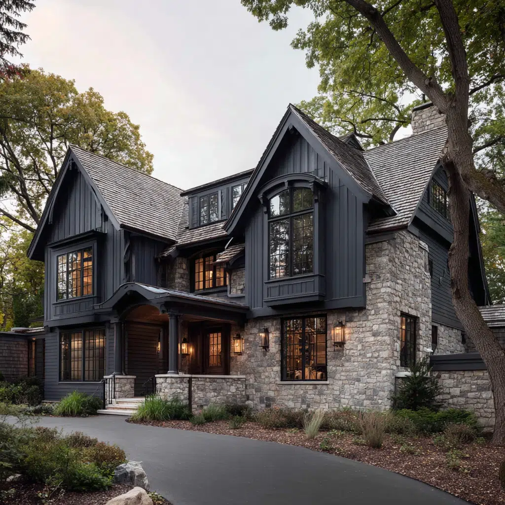 Gorgeous Grey House Exterior Color Schemes: Dark Grey with Stone Veneer