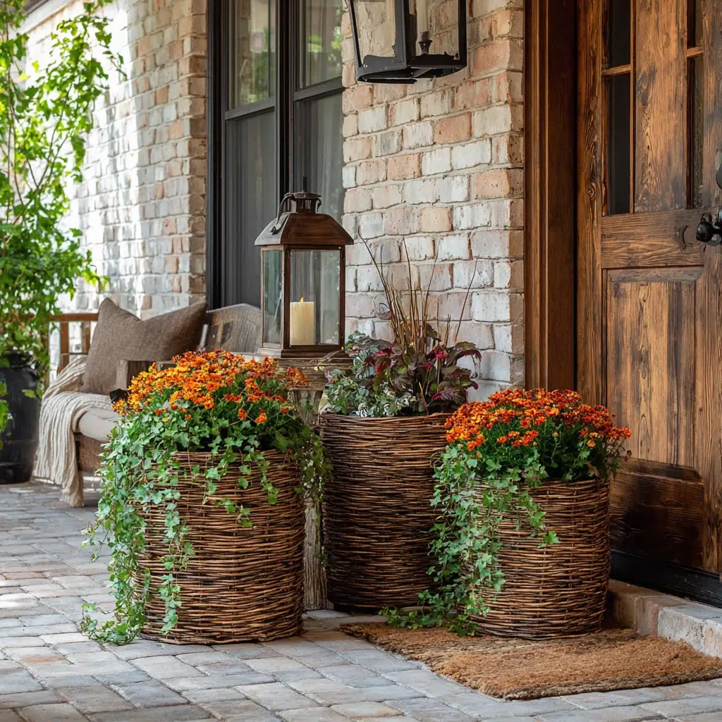 Cozy, Cute & Rustic Fall Planters for the Front Porch: Wicker Baskets for Natural Warmth