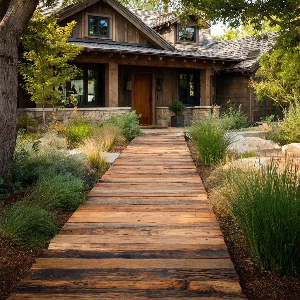 Inspiring Front Walkway Ideas: The Wooden Plank Walkway