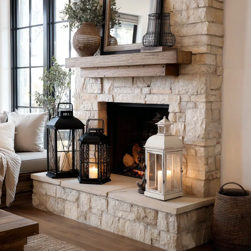 Lantern Decor Ideas for Indoors and Outdoors: Fireplace Hearth Harmony