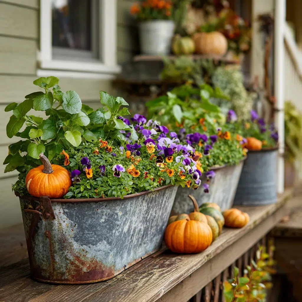 Cozy, Cute & Rustic Fall Planters for the Front Porch: Old Metal Washtubs for Repurposed Charm