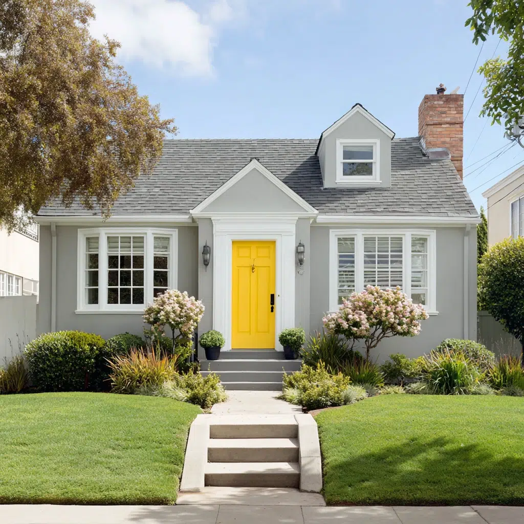 Gorgeous Grey House Exterior Color Schemes: Soft Grey with Bright Yellow Door