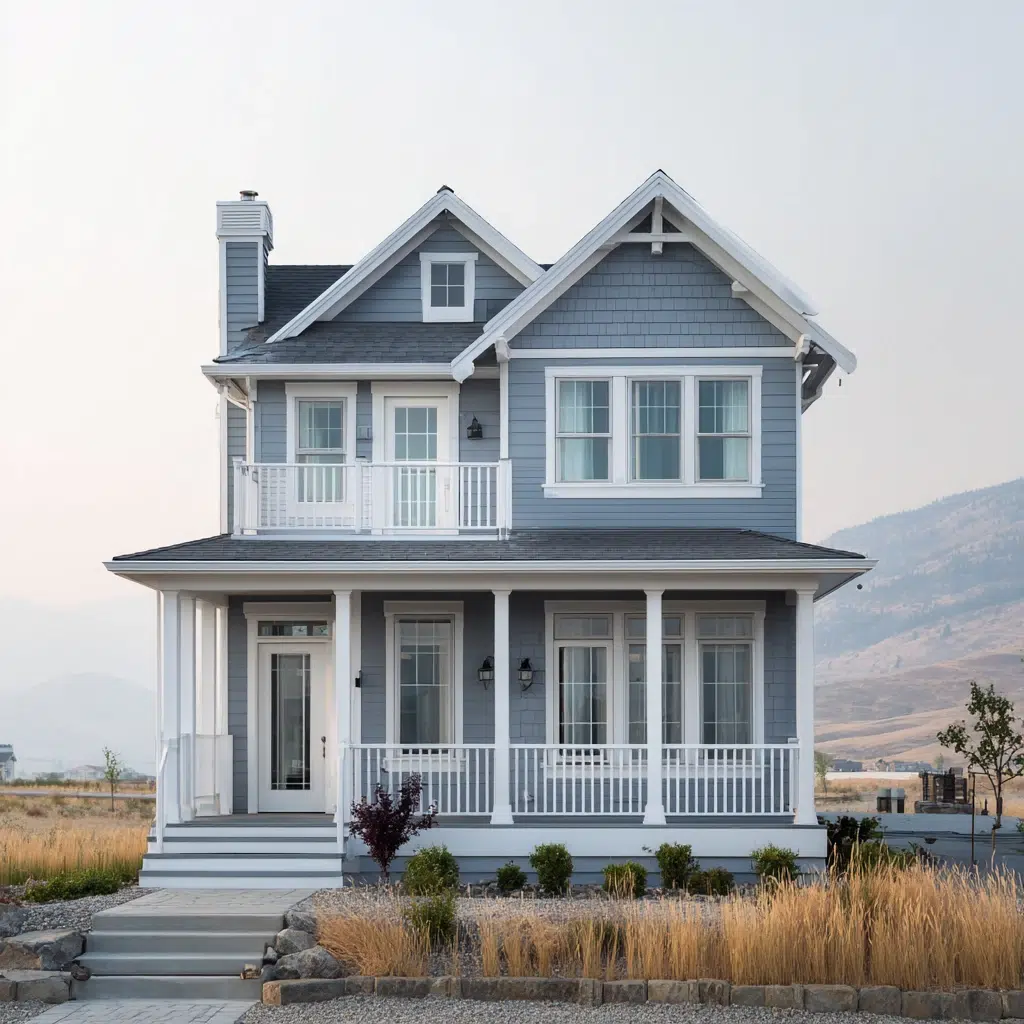 Gorgeous Grey House Exterior Color Schemes: Grey-Blue with White Trim