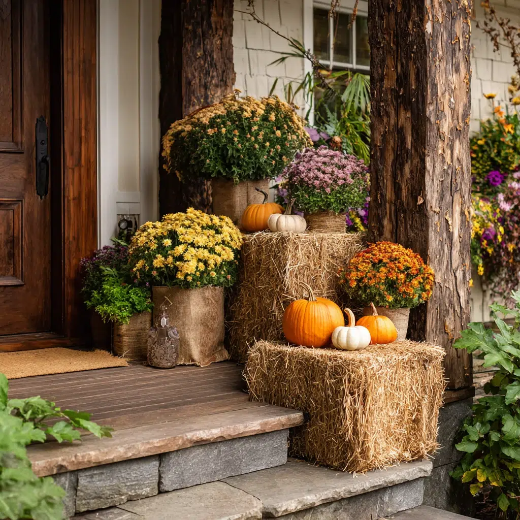 Cozy, Cute & Rustic Fall Planters for the Front Porch: Hay Bales as Planter Stands