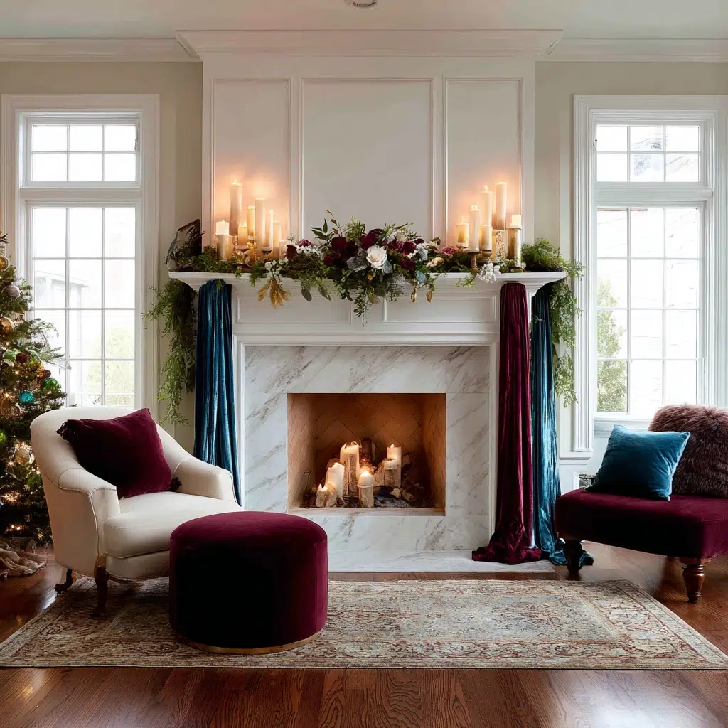 Christmas Mantel Decor Ideas: Layer Luxe Velvet Ribbons in Jewel Tones
