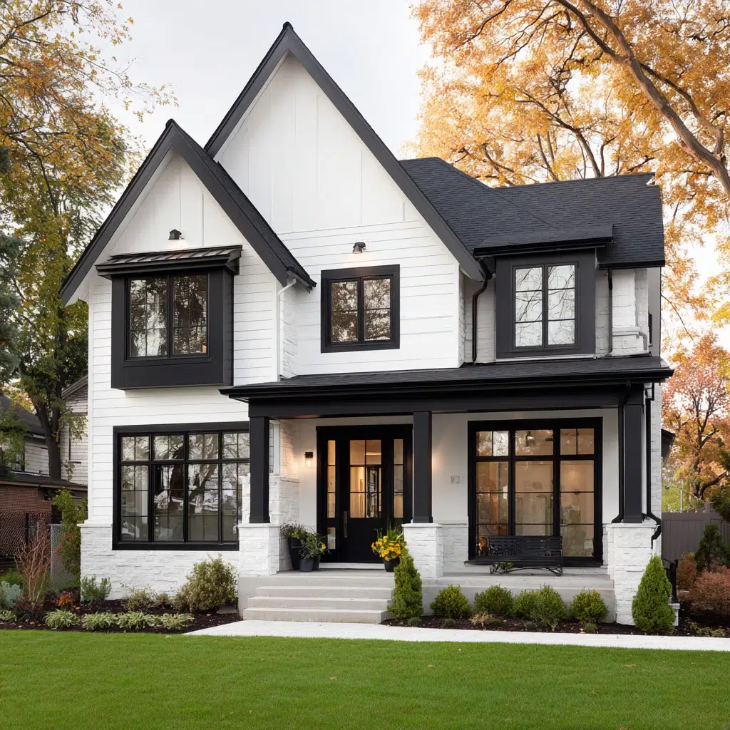 Exterior House Color Schemes: Bold Black and White Contrast