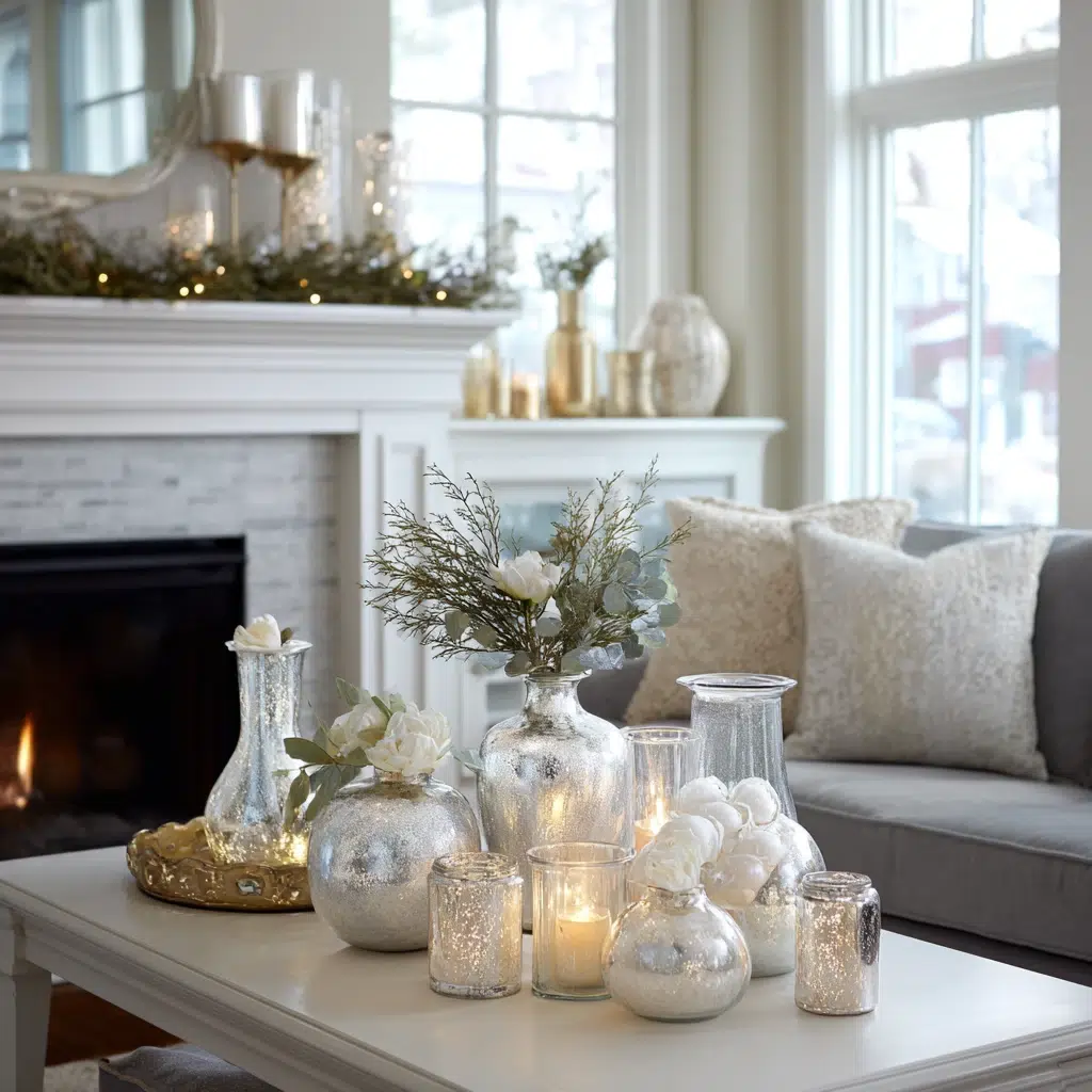 Christmas Mantel Decor Ideas: Display Frosted Mercury Glass Vessels