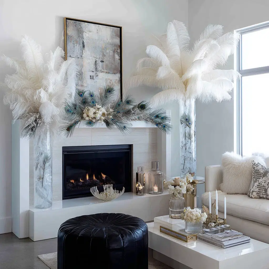 Christmas Mantel Decor Ideas: Incorporate Feathers for Unexpected Texture