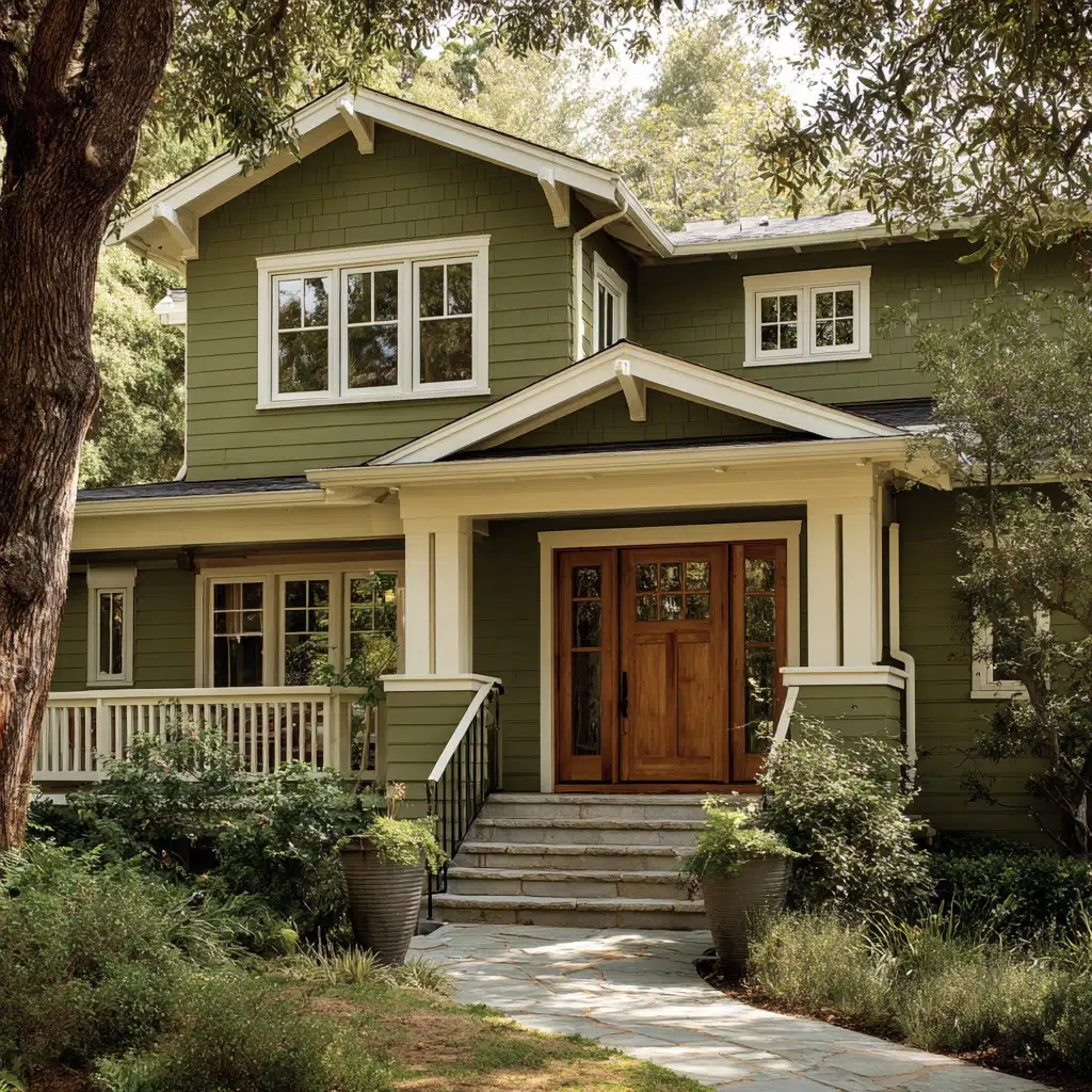 Exterior House Color Schemes: Warm Olive Green and Cream