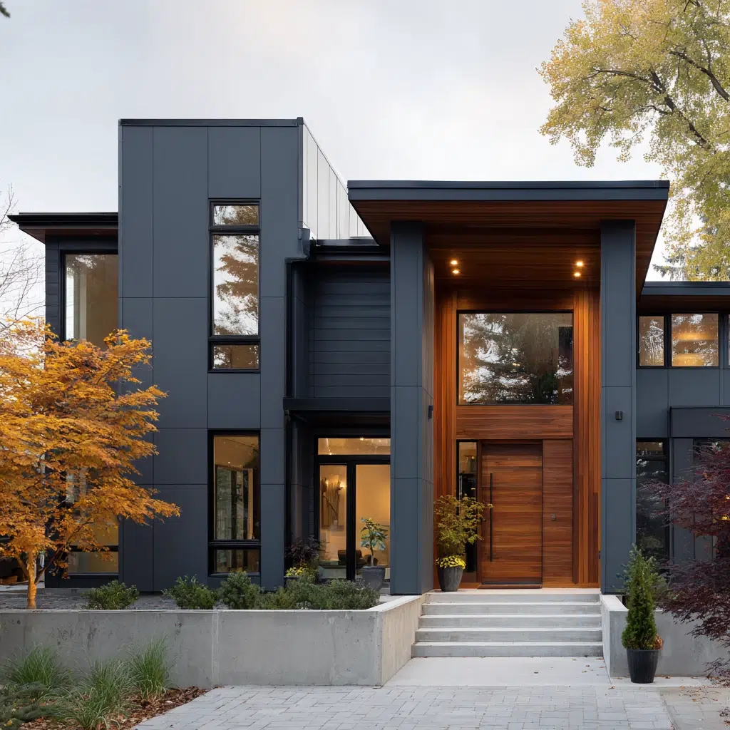 Exterior House Color Schemes: Sleek Charcoal and Wood