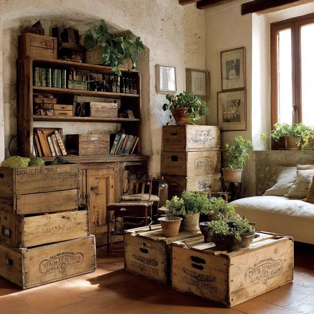 Italian Home Decor Ideas: Vintage Wine Crates Provide Rustic Storage