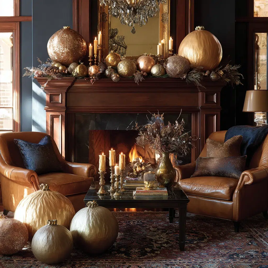 Christmas Mantel Decor Ideas: Incorporate Oversized Metallic Ornaments as Statement Pieces