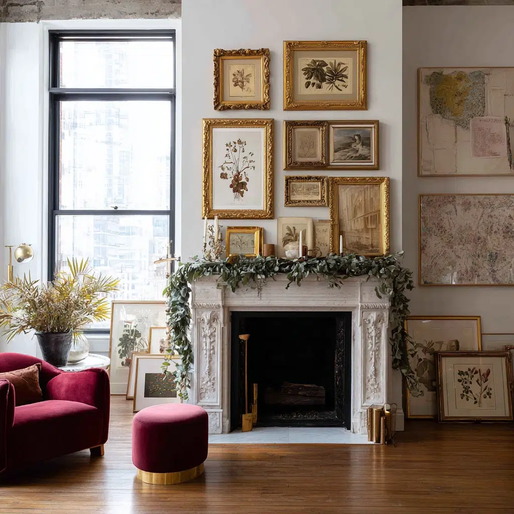 Christmas Mantel Decor Ideas: Arrange a Gallery of Ornate Gold Frames