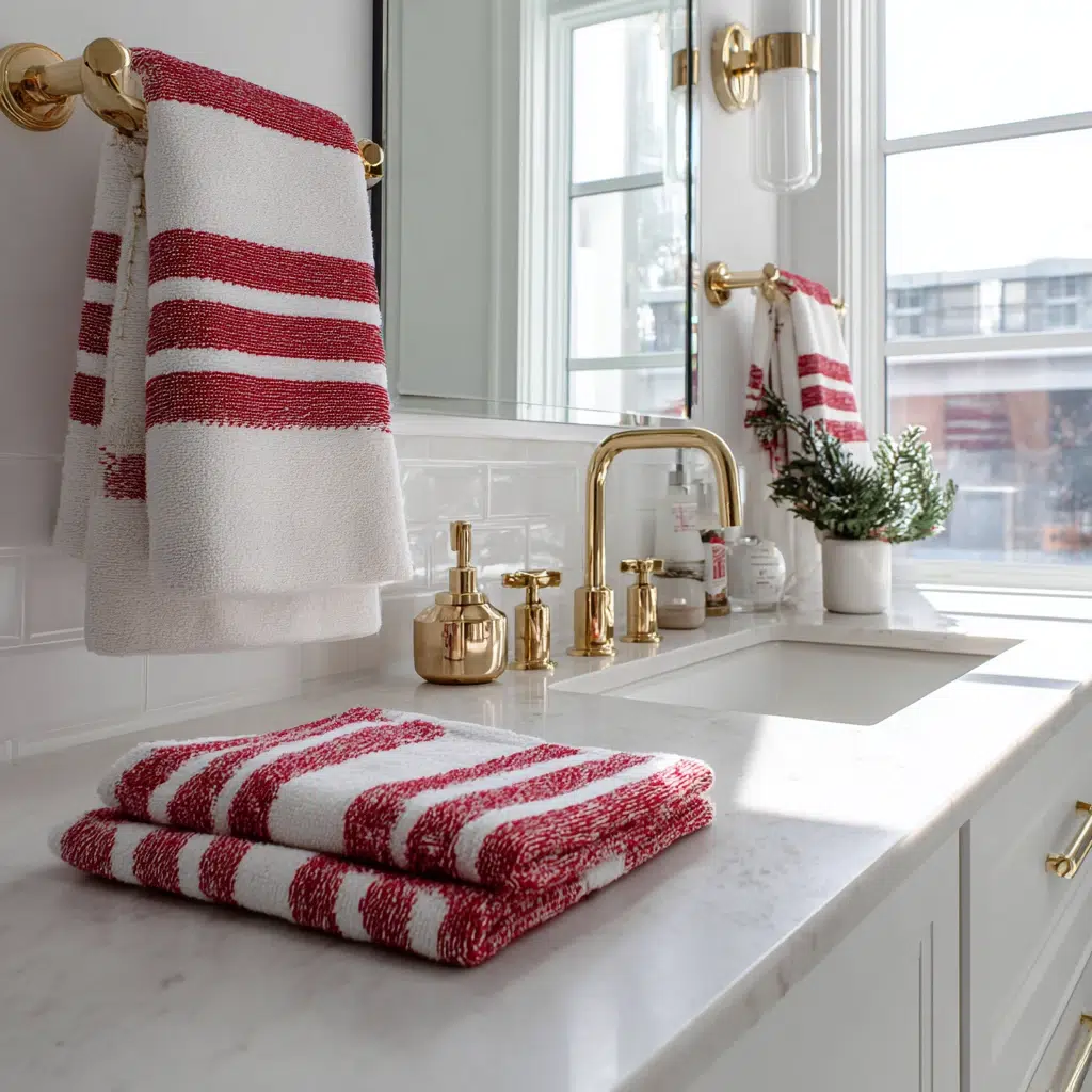 Charming Christmas Bathroom Decor Ideas: Red and White Striped Hand Towels That Feel Like Candy Canes