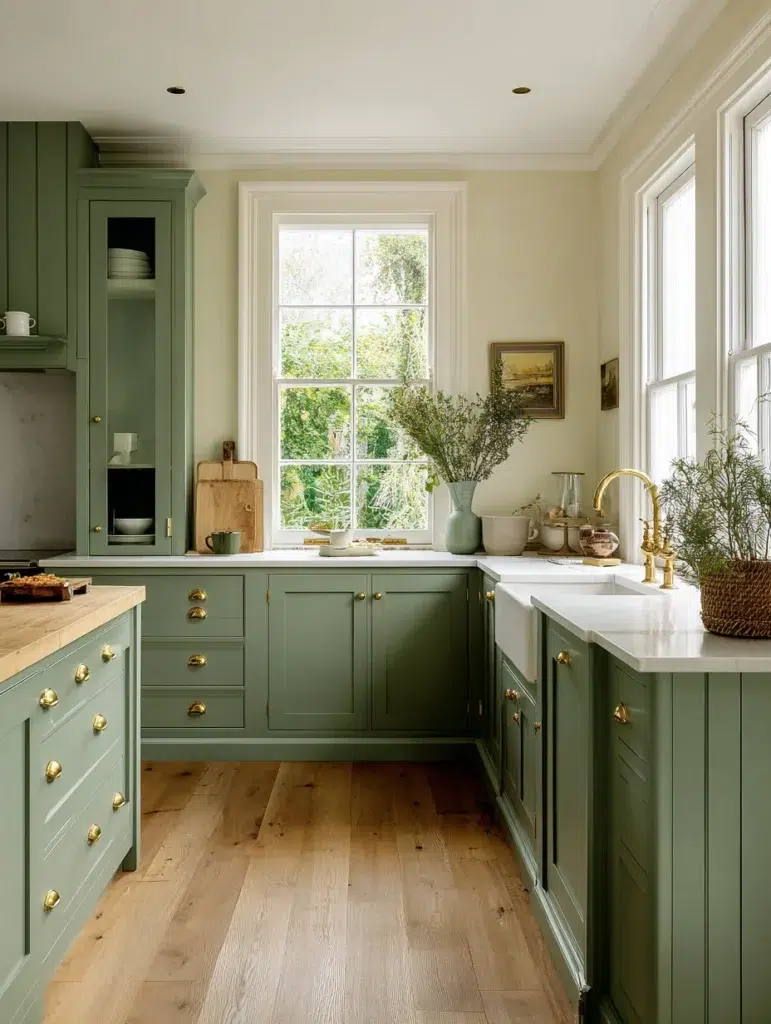 Aesthetic Irish Kitchen Ideas: Sage Green Cabinetry with Brass Hardware