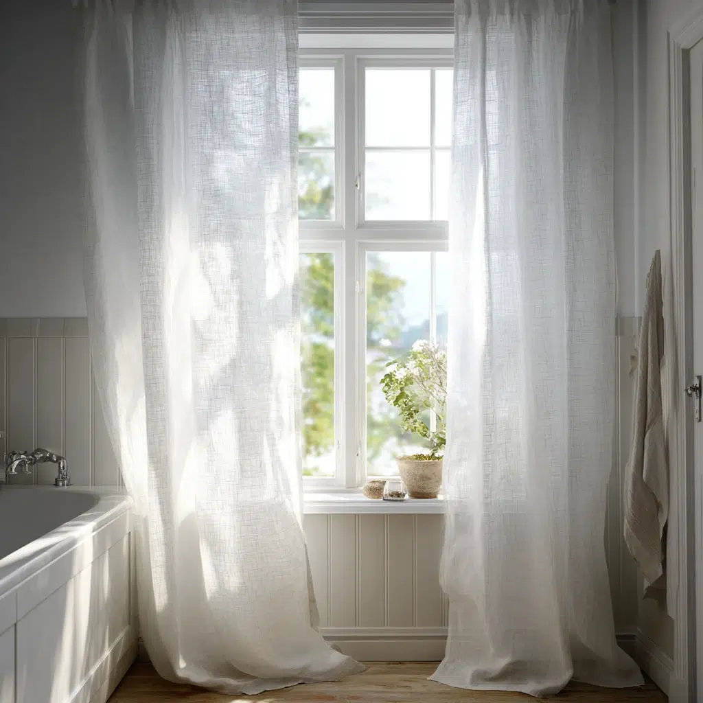 Stunning Swedish Bathroom Ideas: Hang Simple Linen Curtains