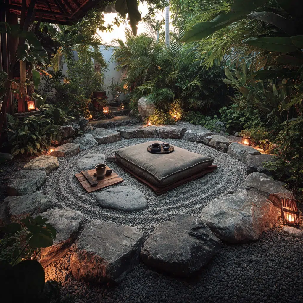 Small Zen Garden Ideas: Meditation Corner with Cushions and Stone Circle