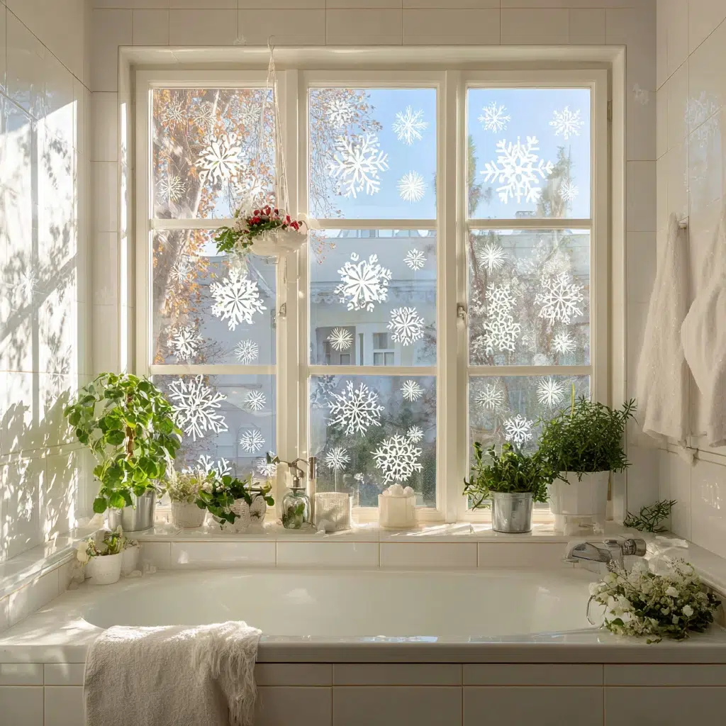 Charming Christmas Bathroom Decor Ideas: Snowflake Window Clings for Privacy and Festivity