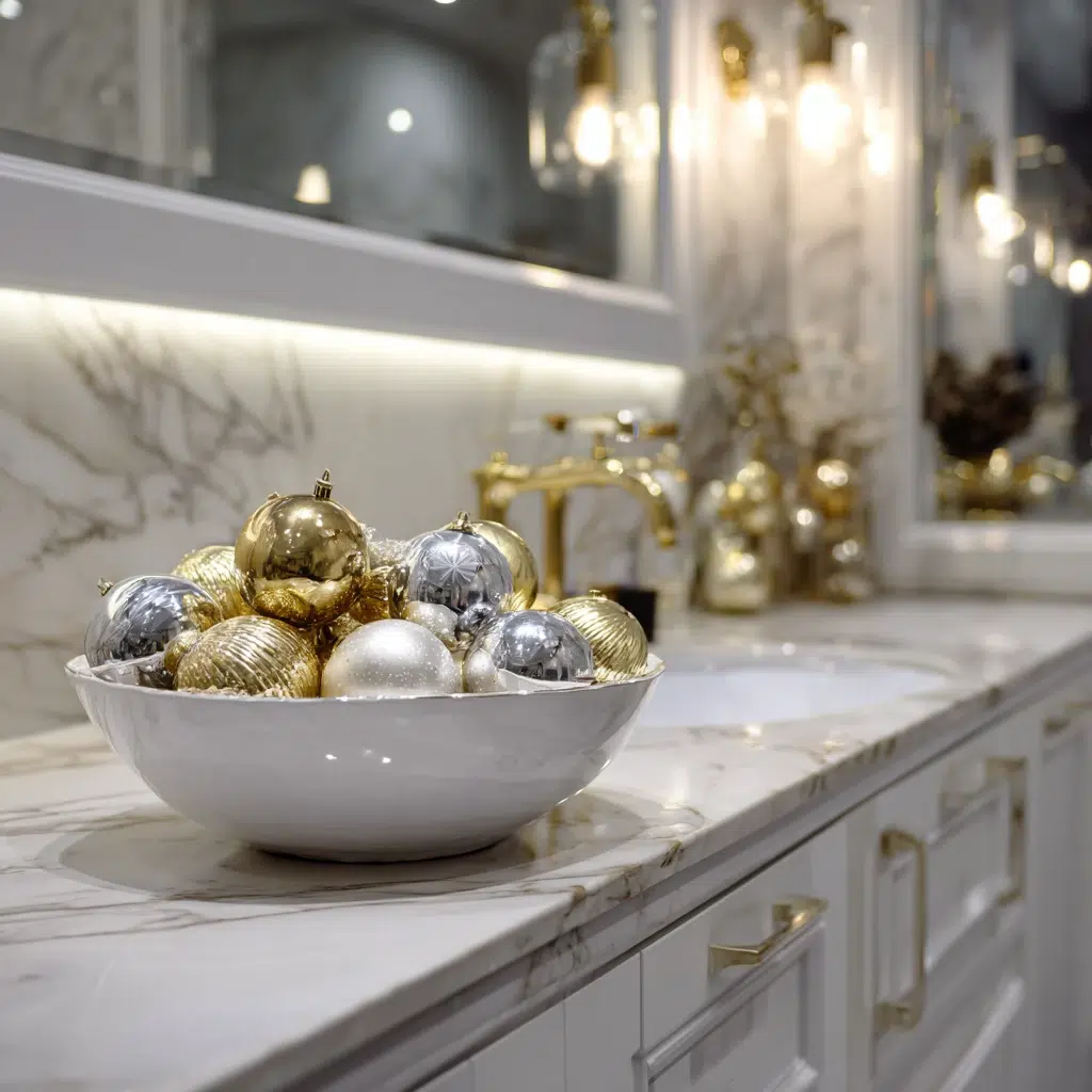 Charming Christmas Bathroom Decor Ideas: Gold and Silver Ornament Bowl Display