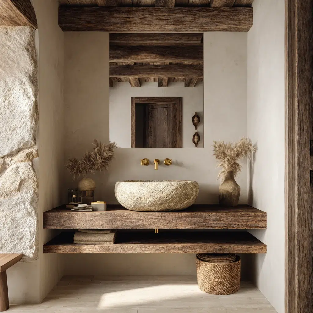Aesthetic Italian Bathroom Ideas: Stone Vessel Sink on Wood Console