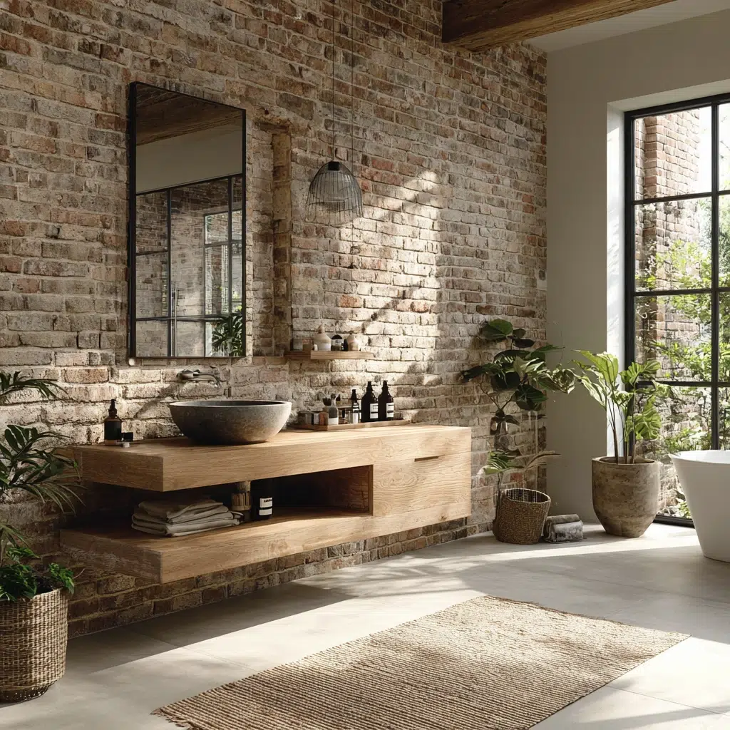 Aesthetic Italian Bathroom Ideas: Whitewashed Brick Wall Feature