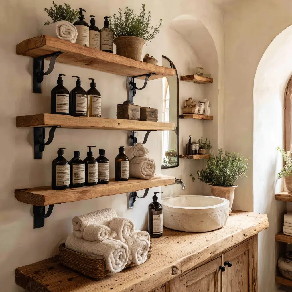 Aesthetic Italian Bathroom Ideas: Open Wooden Shelving with Curved Brackets