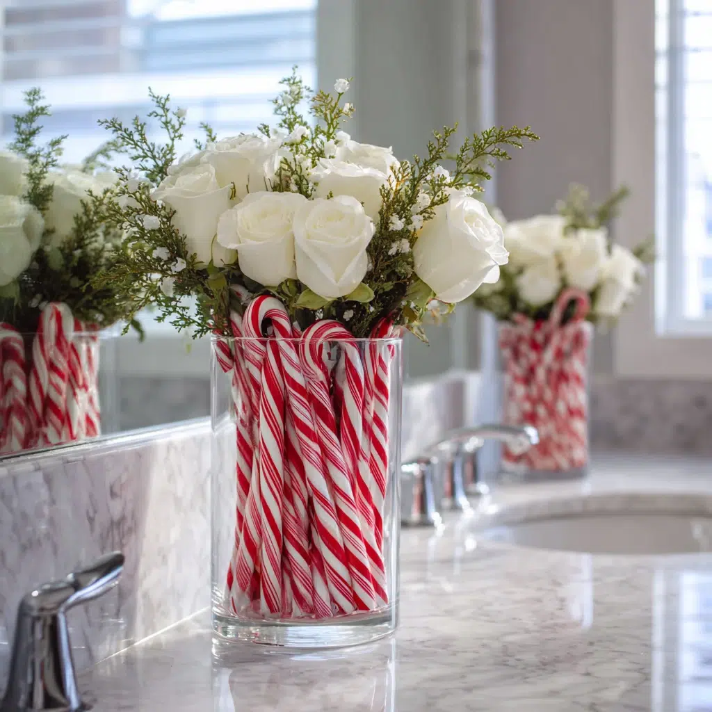Charming Christmas Bathroom Decor Ideas: Peppermint Stick Vase Arrangement
