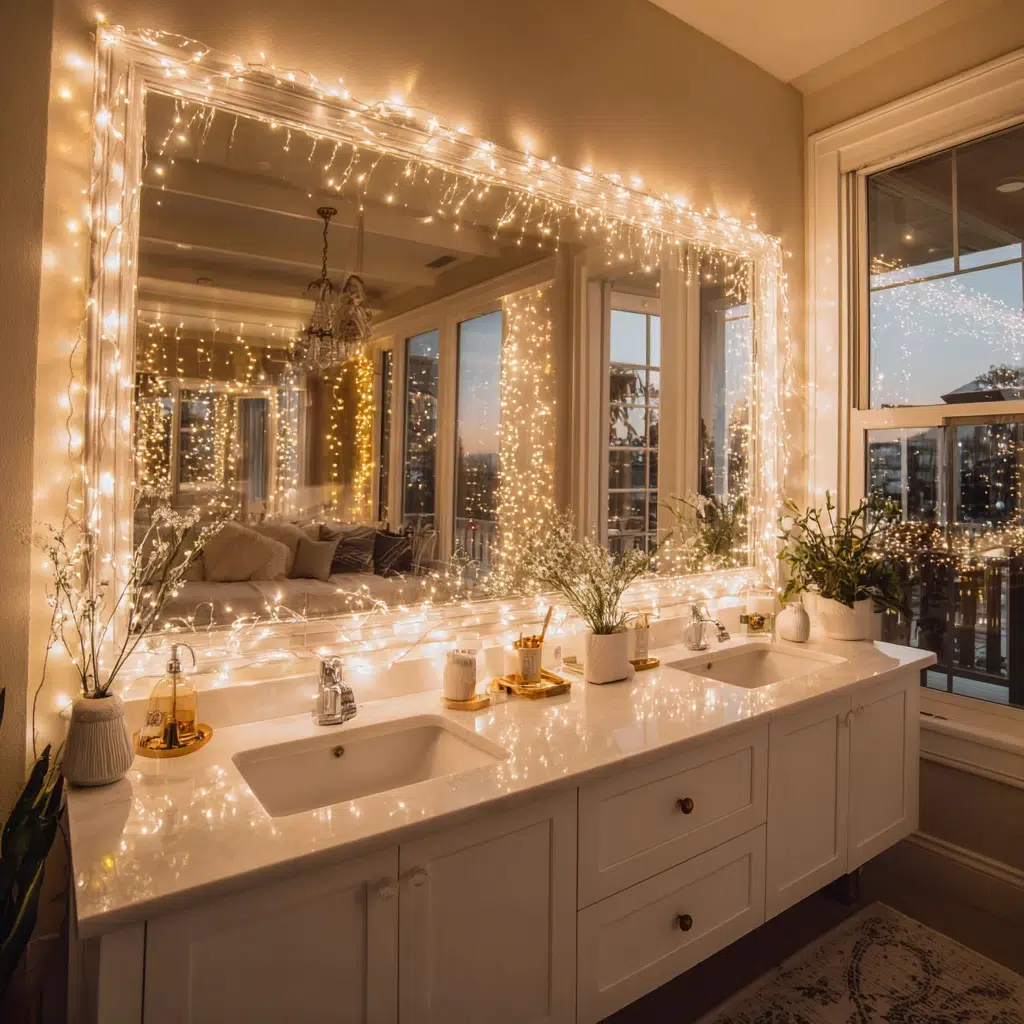 Charming Christmas Bathroom Decor Ideas: Battery-Operated String Lights Around the Mirror