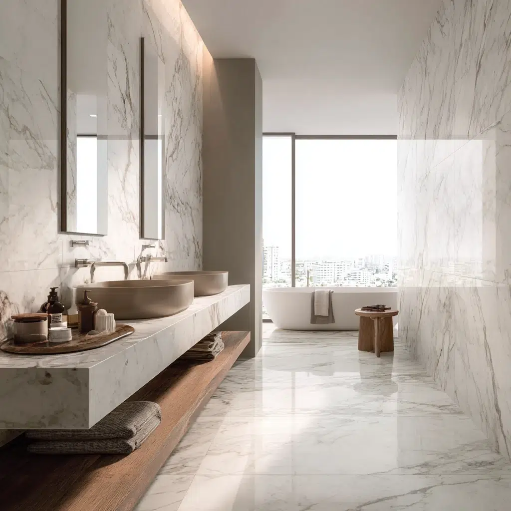 Aesthetic Italian Bathroom Ideas: Large Format Porcelain That Mimics Marble