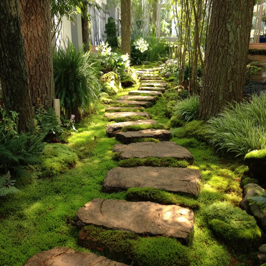Small Zen Garden Ideas: Cork or Wood Slab Pathway with Moss Borders