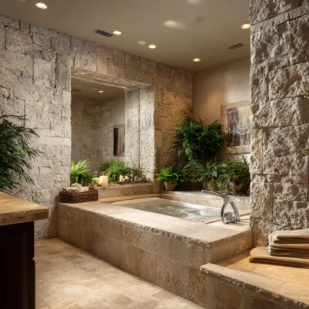 Aesthetic Italian Bathroom Ideas: Garden Tub with Stone Surround