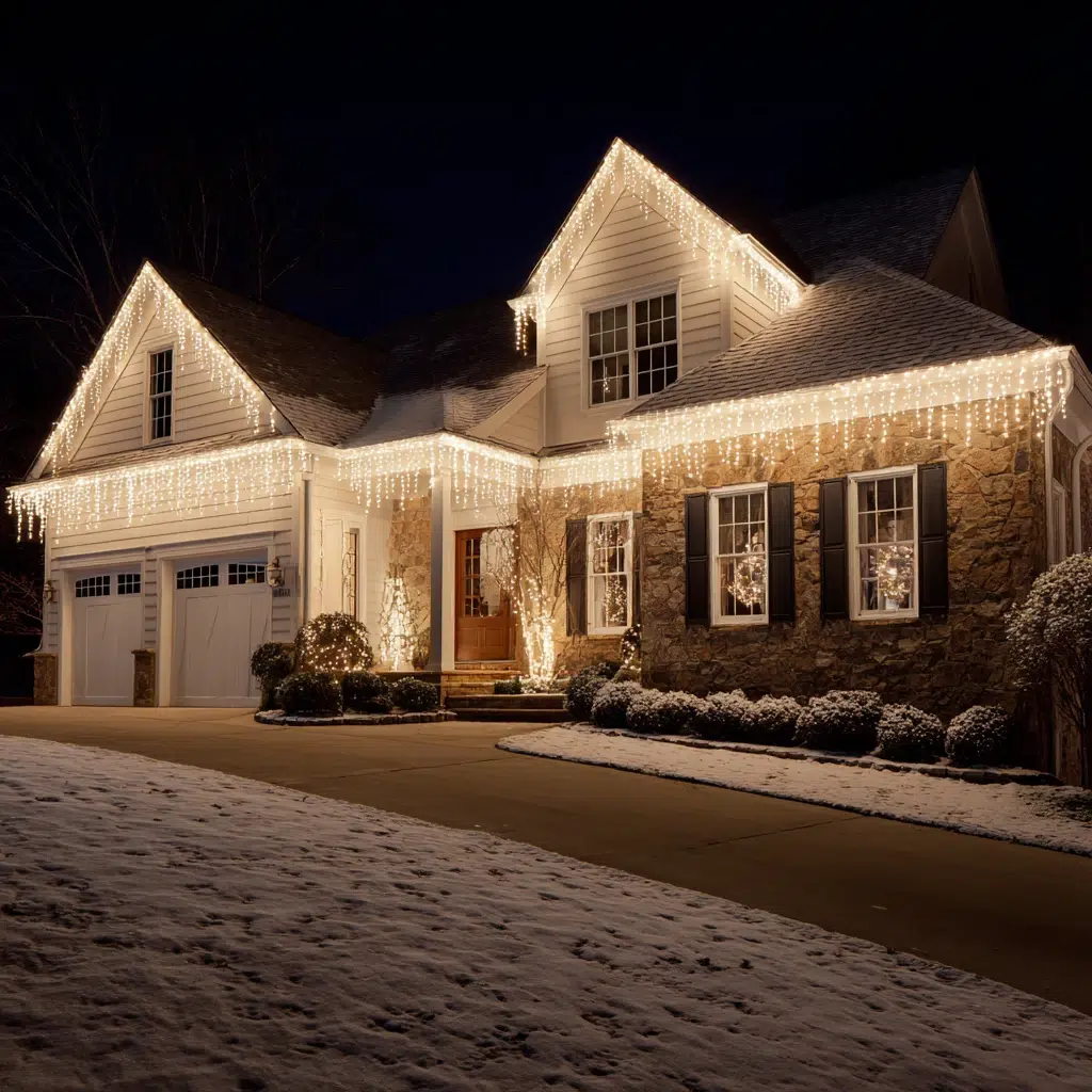 Stunning Christmas Garden Decoration Ideas: Hang Icicle Lights Along Rooflines