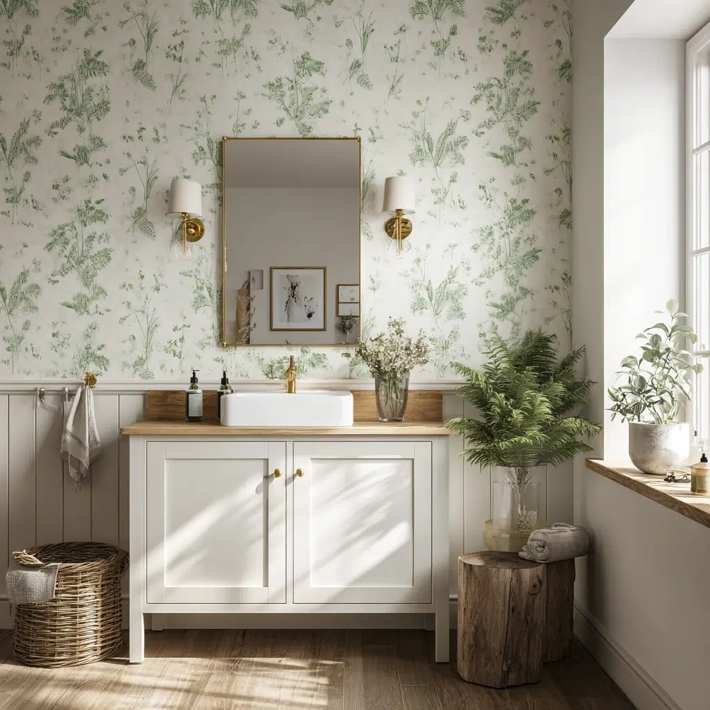 Aesthetic Irish Bathroom Ideas: Botanical Wallpaper with Thistle or Shamrock Motifs