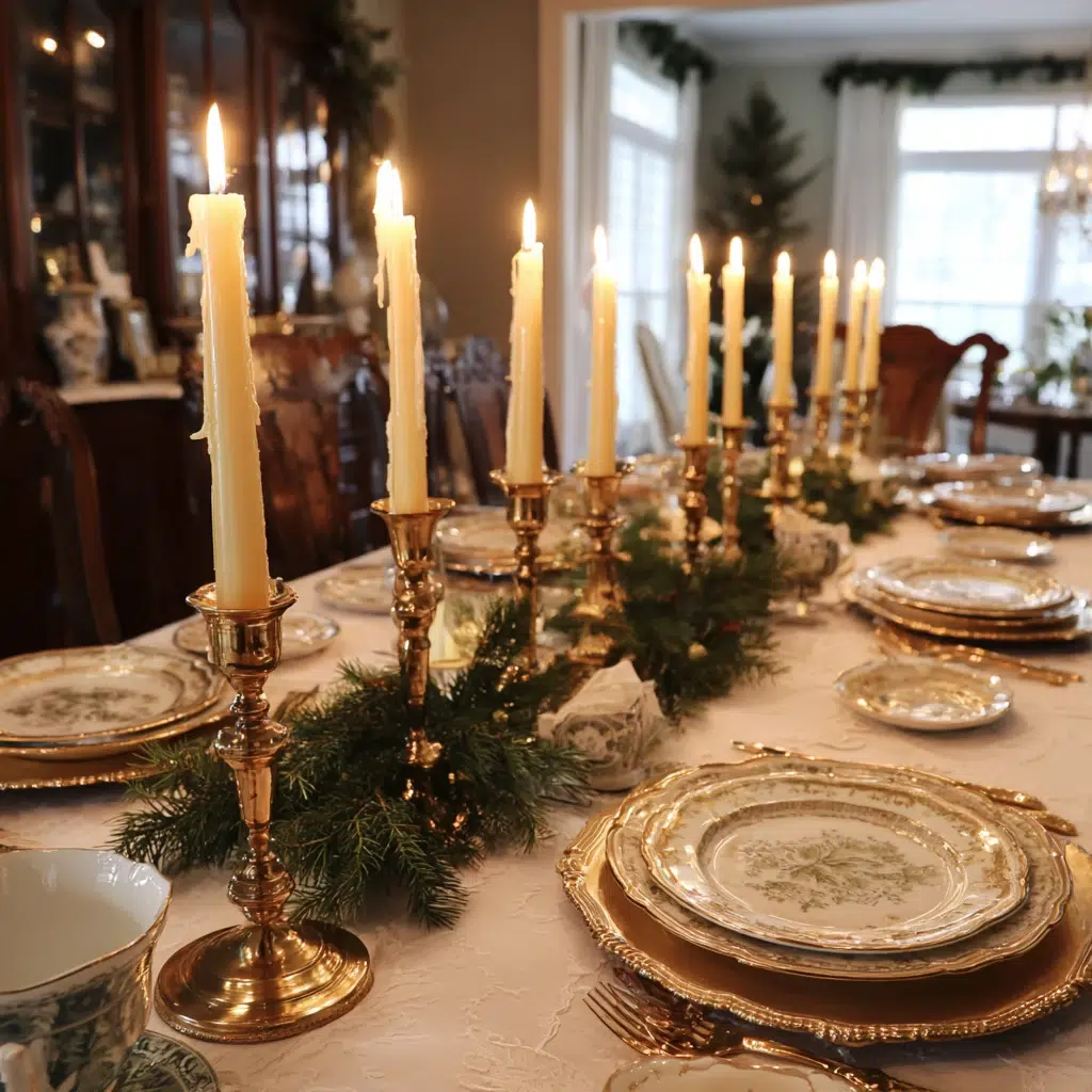 Timeless Traditional Christmas Decor Ideas: Brass Candlesticks with Taper Candles