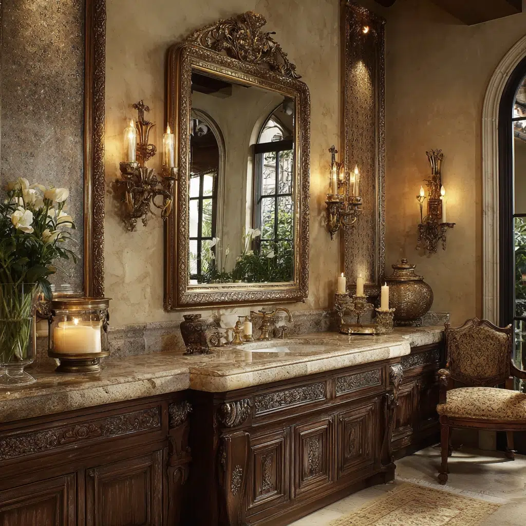 Aesthetic Italian Bathroom Ideas: Ornate Antique Mirror Above the Vanity