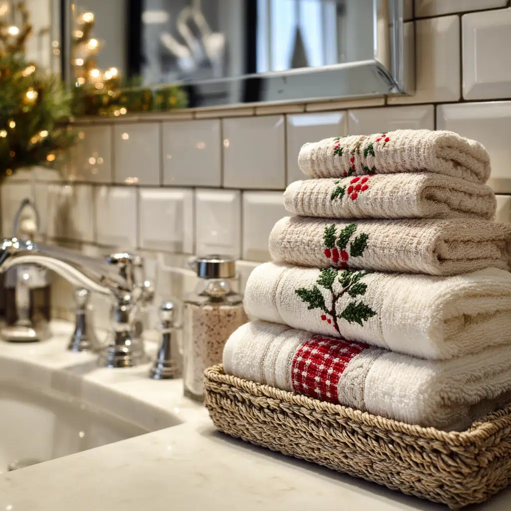 Charming Christmas Bathroom Decor Ideas: Christmas Guest Towels Stacked Decoratively