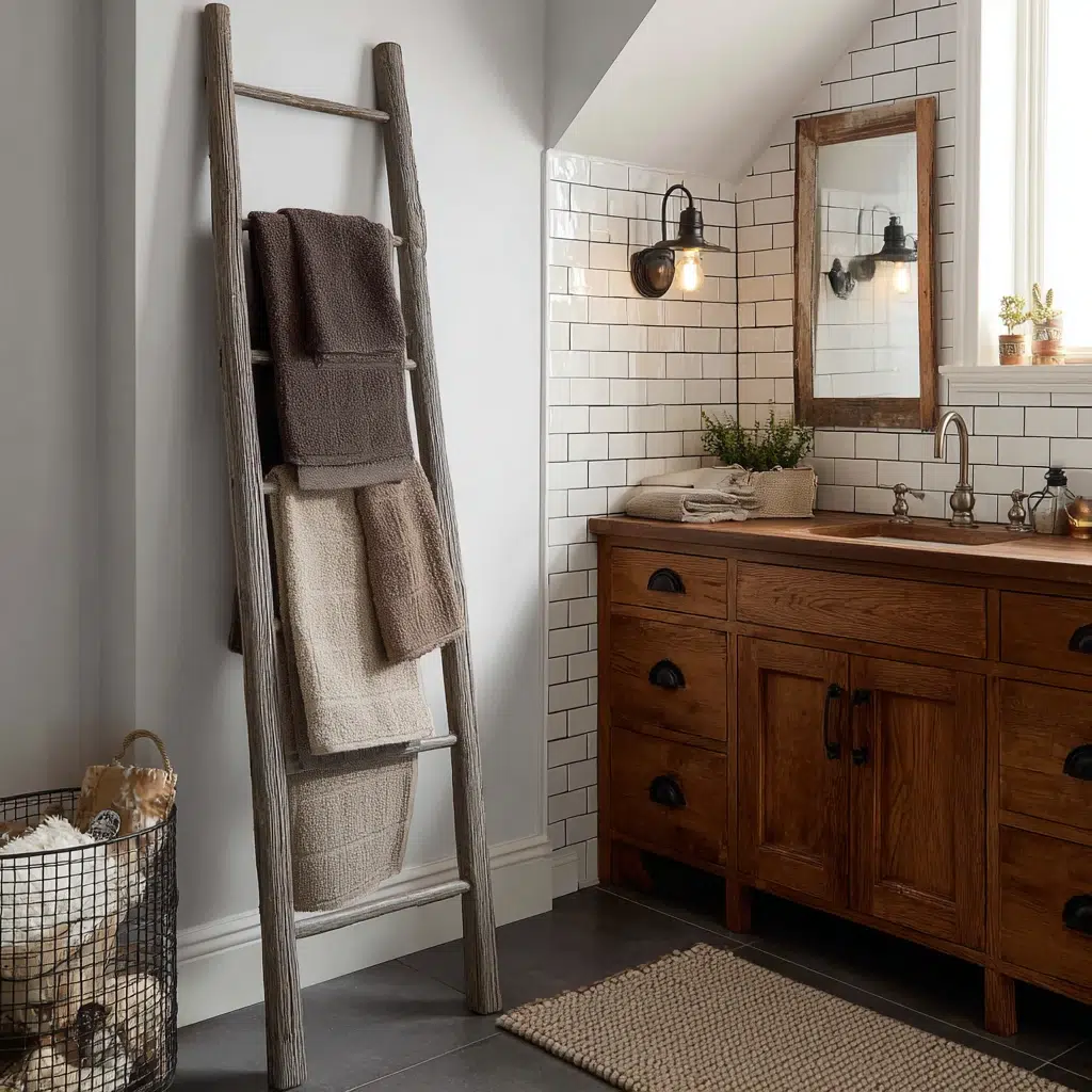 Aesthetic Irish Bathroom Ideas: Rustic Wooden Ladder Towel Rack