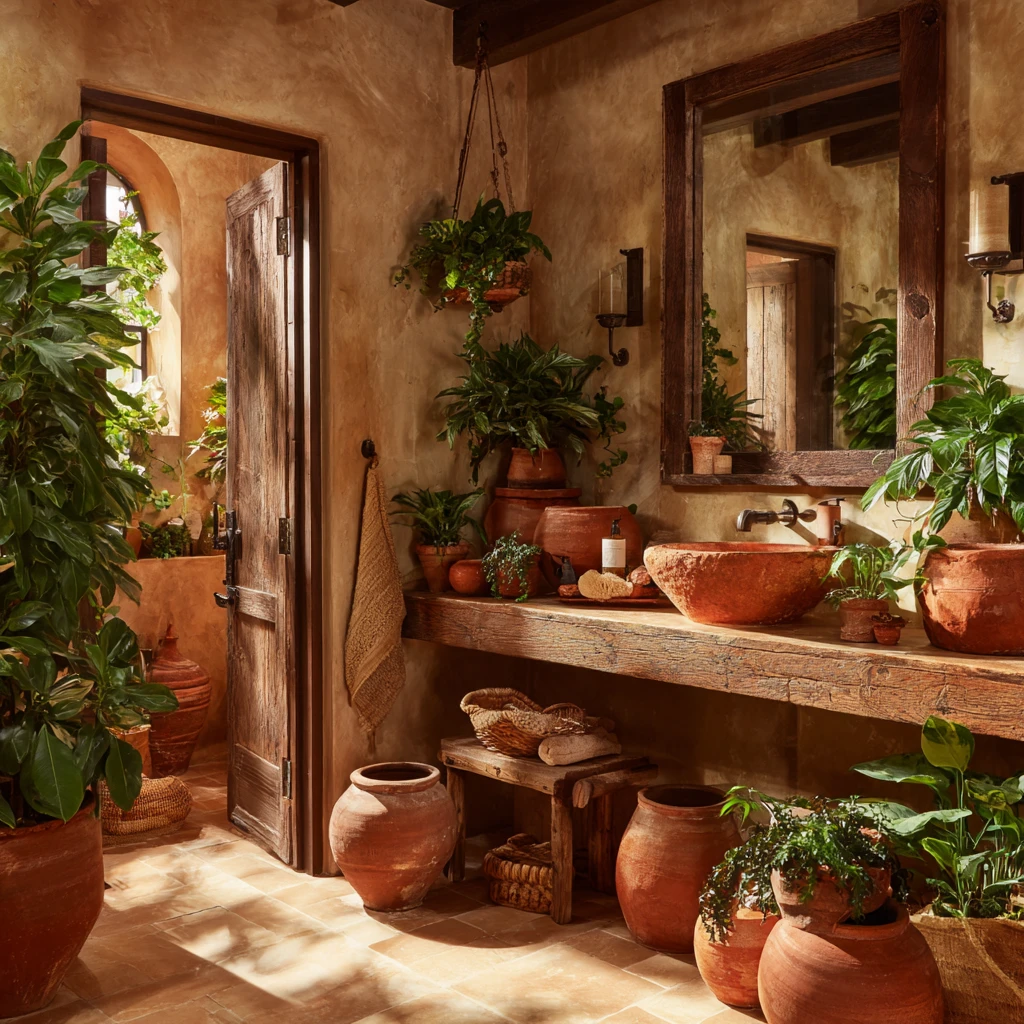 Aesthetic Italian Bathroom Ideas: Terracotta Pottery for Plants and Storage