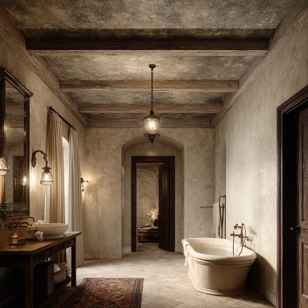 Aesthetic Italian Bathroom Ideas: Textured Plaster Ceiling with Aged Appearance