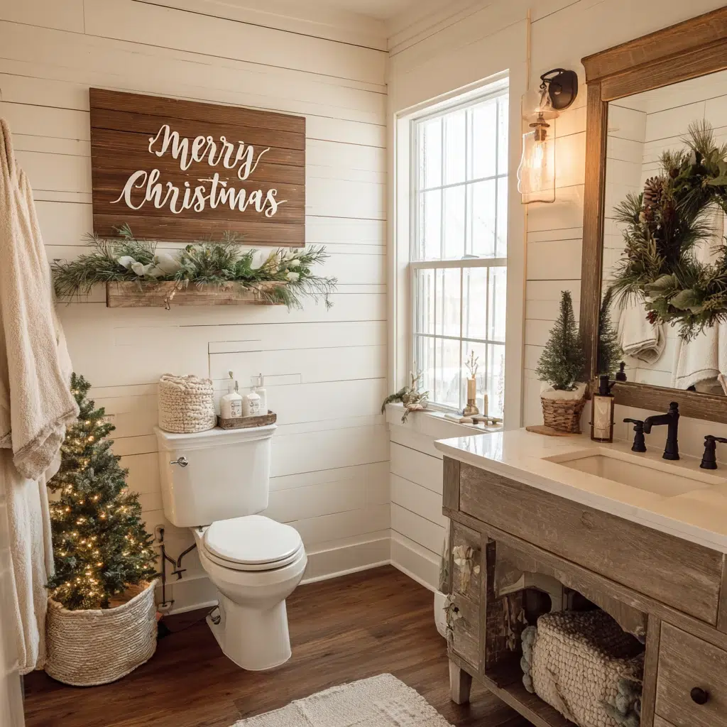 Charming Christmas Bathroom Decor Ideas: Wooden Christmas Sign Above the Toilet