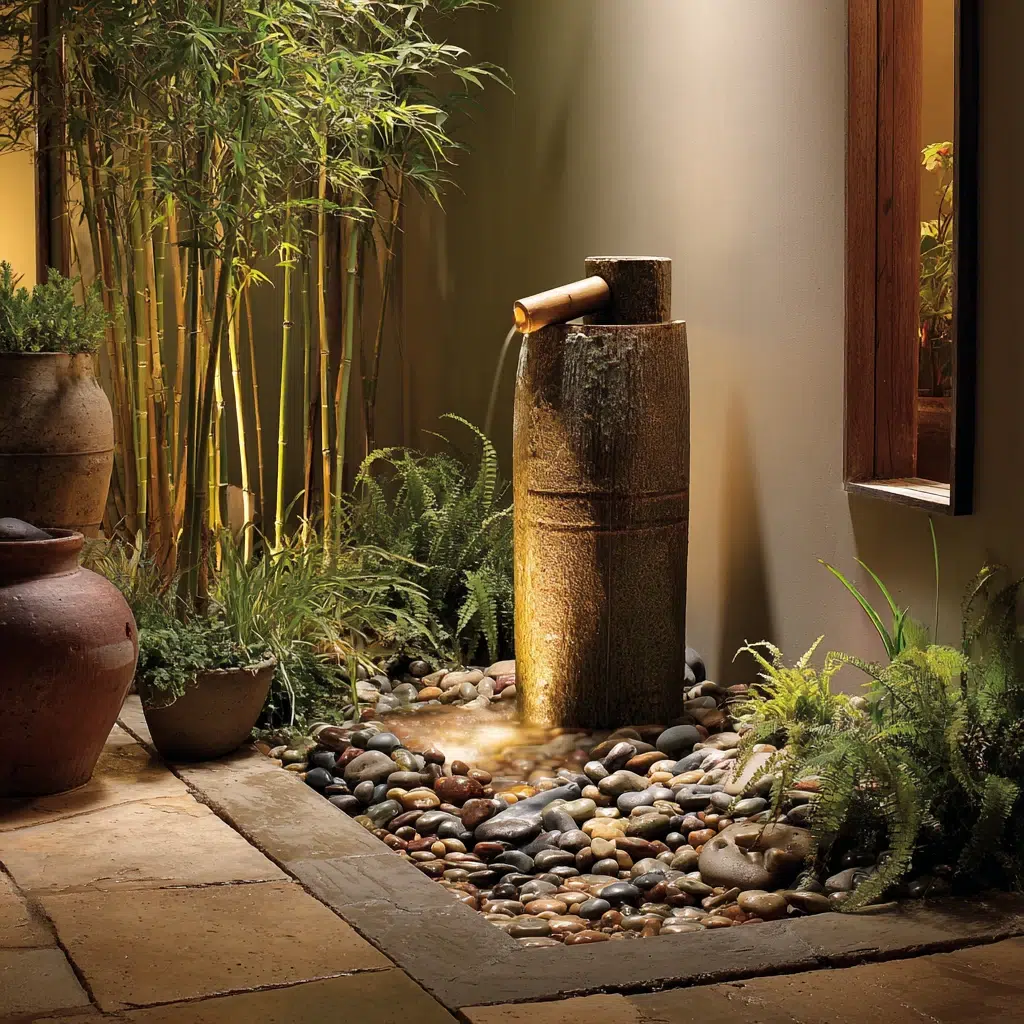 Small Zen Garden Ideas: Bamboo Water Feature with Pebbles