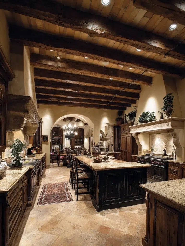 Aesthetic Italian Kitchen Ideas: Exposed Wooden Beams Across the Ceiling