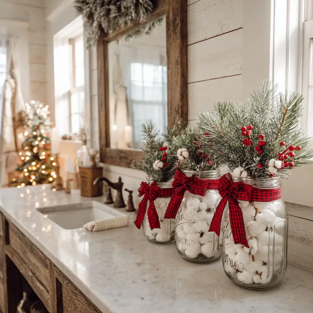 Charming Christmas Bathroom Decor Ideas: Mason Jar Cotton Ball Holders with Holiday Flair