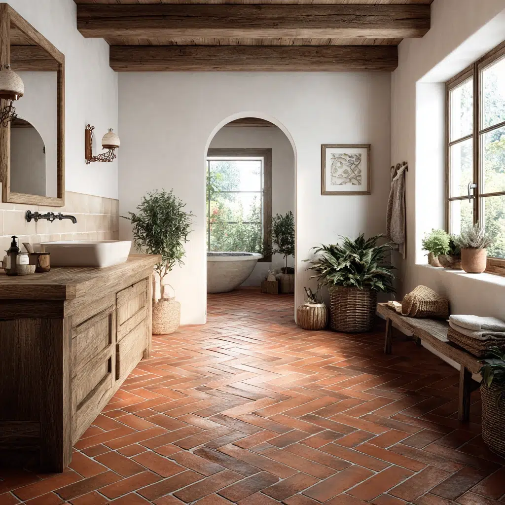 Aesthetic Italian Bathroom Ideas: Terracotta Floor Tiles for Warmth Underfoot