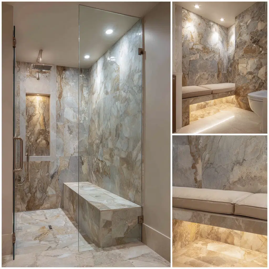 Aesthetic Italian Bathroom Ideas: Stone or Tile Ledge in Walk-In Shower