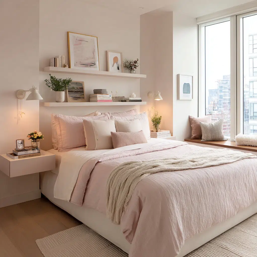 Dreamy Girly Apartment Ideas: Install Floating Nightstands to Maximize Space