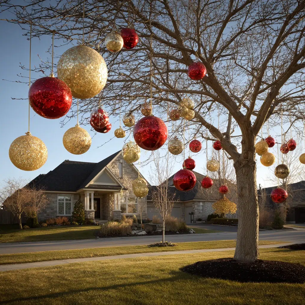 Stunning Christmas Garden Decoration Ideas: Hang Oversized Ornaments from Tree Branches