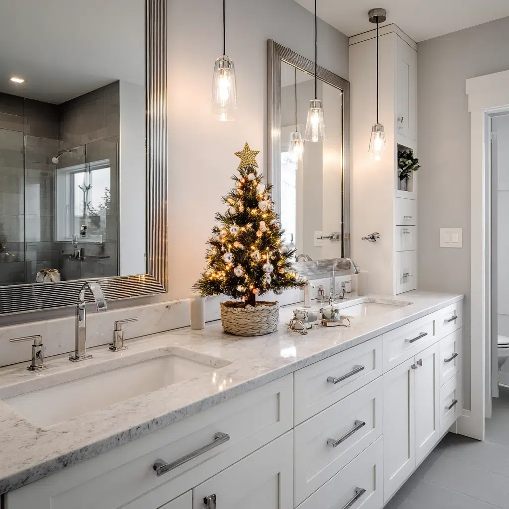 Charming Christmas Bathroom Decor Ideas: Miniature Christmas Tree on the Counter