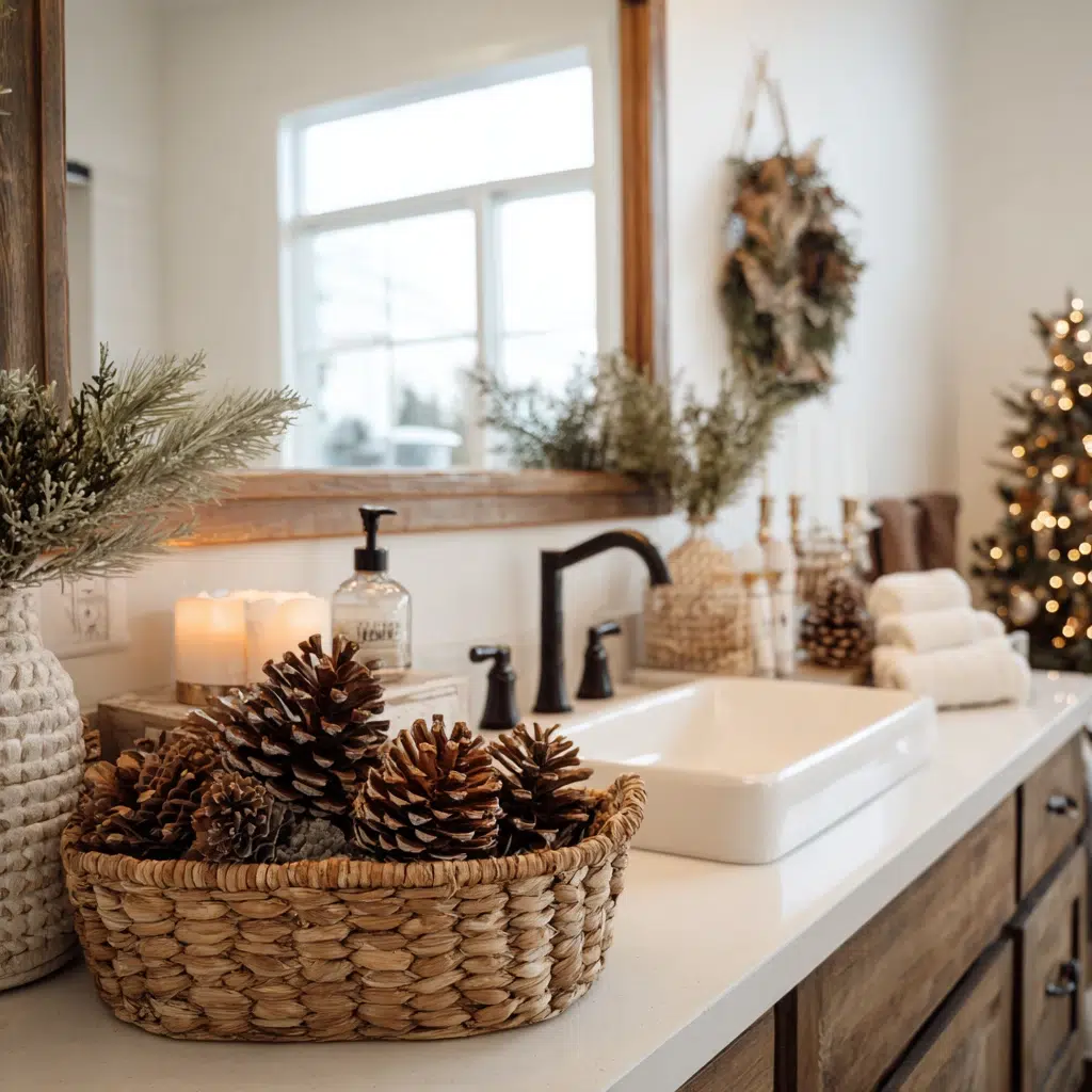Charming Christmas Bathroom Decor Ideas: Cinnamon Pinecone Display That Smells Amazing