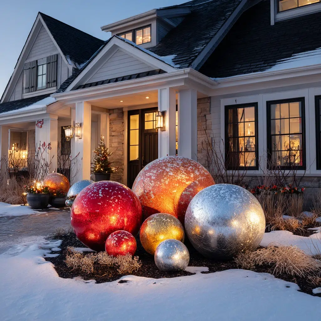 Stunning Outdoor Christmas Decor Ideas: Oversized Ornament Display